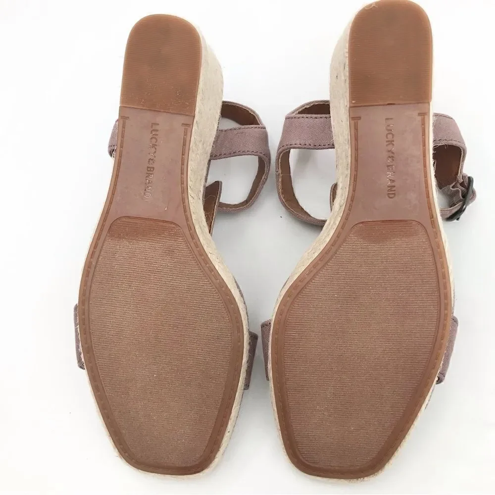 Lucky Brand Millinda Pink Espadrille T Strap Wedge Sandal in Antler Canvas